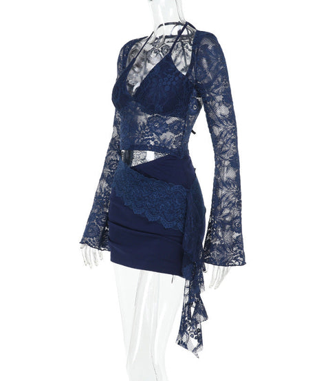 Sultry Midnight Blue Lace Halter Mini Dress with Cutouts – Fall Night Out