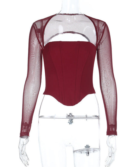 Confident Black Mesh Long Sleeve Corset Top with Daring Cutout - Your Fall & Holiday Party Essential