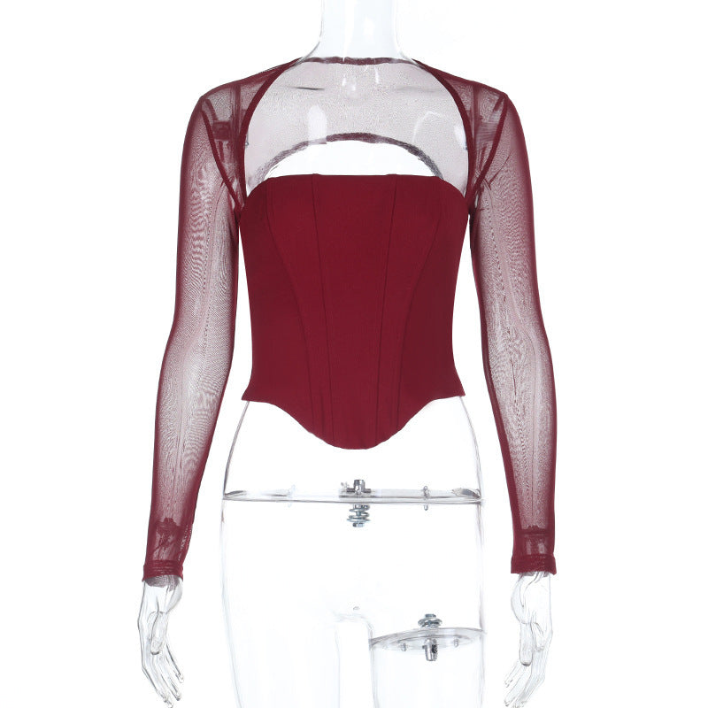 Confident Black Mesh Long Sleeve Corset Top with Daring Cutout - Your Fall & Holiday Party Essential