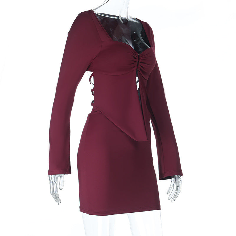 Autumn Glow Burgundy Ruched Front Long Sleeve Mini Dress - Chic Bodycon for Fall & Holiday Parties