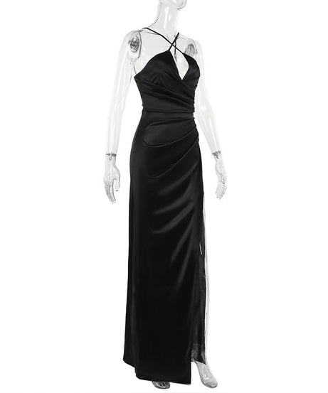 Glamorous Black Satin Criss-Cross Maxi Dress - Your Statement Piece for Fall & Holiday Events