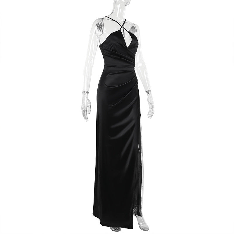 Glamorous Black Satin Criss-Cross Maxi Dress - Your Statement Piece for Fall & Holiday Events