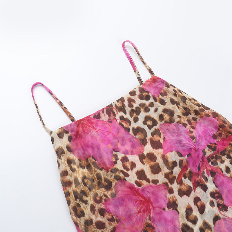 Fierce Pink Leopard Mesh Mini Dress with Chic Choker Tie – Your Ultimate Party & Vacation Statement