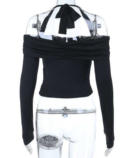 Chic Halter Off-Shoulder Ruched Crop Top | Corset Style Front for Fall Nights Out