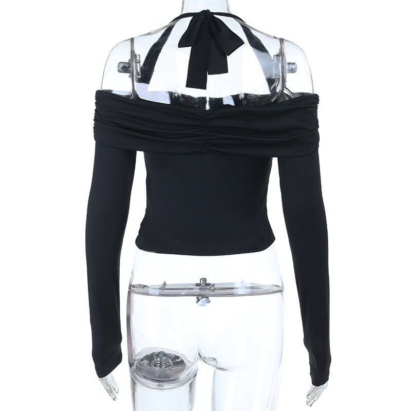 Chic Halter Off-Shoulder Ruched Crop Top | Corset Style Front for Fall Nights Out