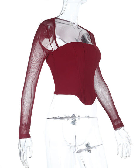 Confident Black Mesh Long Sleeve Corset Top with Daring Cutout - Your Fall & Holiday Party Essential