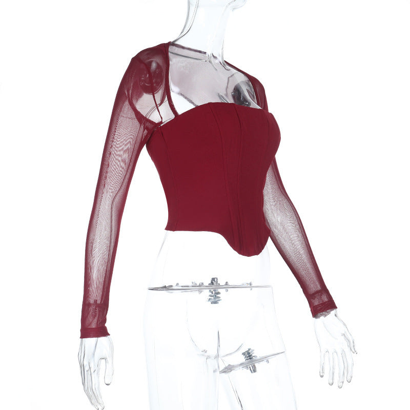Confident Black Mesh Long Sleeve Corset Top with Daring Cutout - Your Fall & Holiday Party Essential