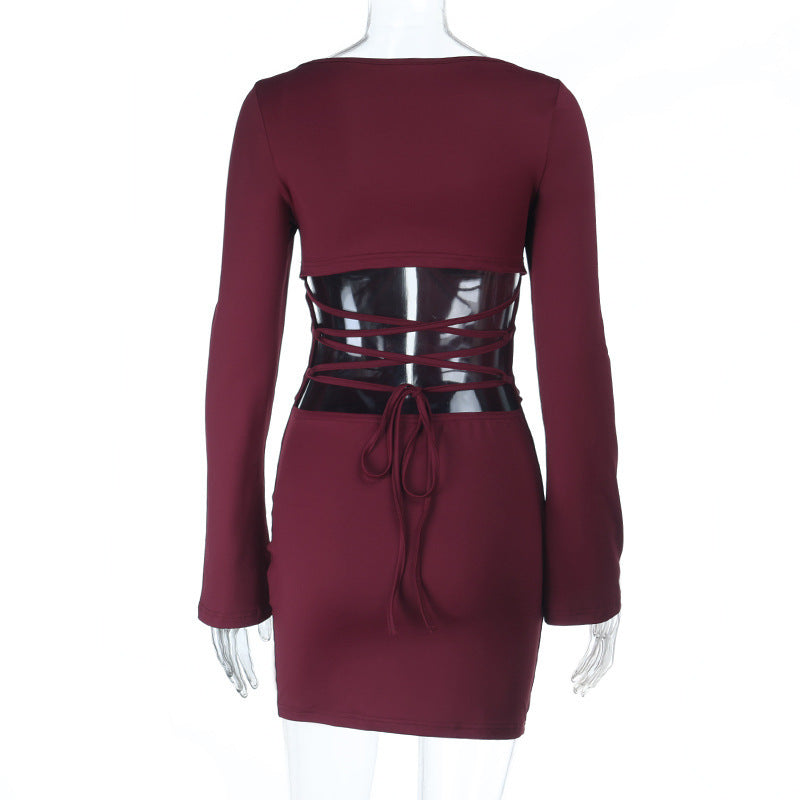 Autumn Glow Burgundy Ruched Front Long Sleeve Mini Dress - Chic Bodycon for Fall & Holiday Parties