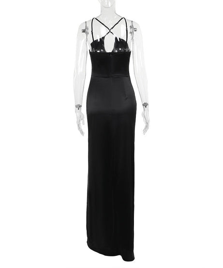 Glamorous Black Satin Criss-Cross Maxi Dress - Your Statement Piece for Fall & Holiday Events