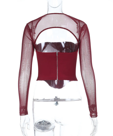 Confident Black Mesh Long Sleeve Corset Top with Daring Cutout - Your Fall & Holiday Party Essential