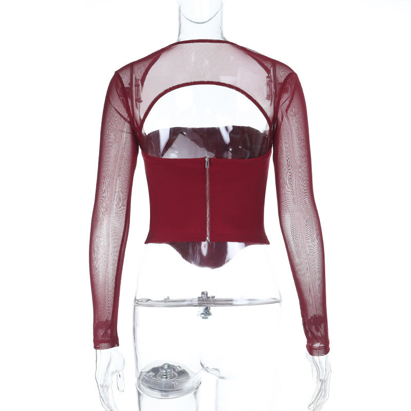 Confident Black Mesh Long Sleeve Corset Top with Daring Cutout - Your Fall & Holiday Party Essential