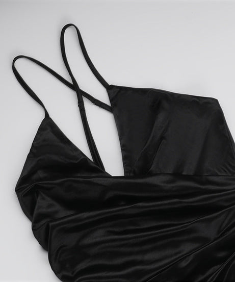 Glamorous Black Satin Criss-Cross Maxi Dress - Your Statement Piece for Fall & Holiday Events