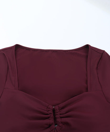 Autumn Glow Burgundy Ruched Front Long Sleeve Mini Dress - Chic Bodycon for Fall & Holiday Parties