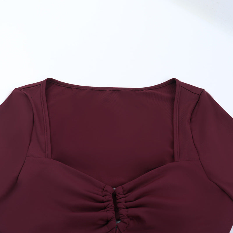 Autumn Glow Burgundy Ruched Front Long Sleeve Mini Dress - Chic Bodycon for Fall & Holiday Parties