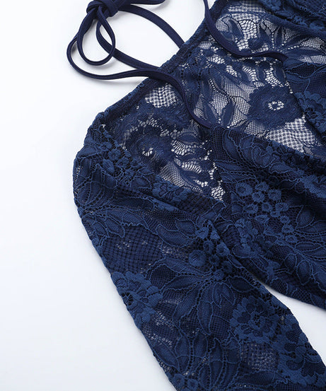 Sultry Midnight Blue Lace Halter Mini Dress with Cutouts – Fall Night Out