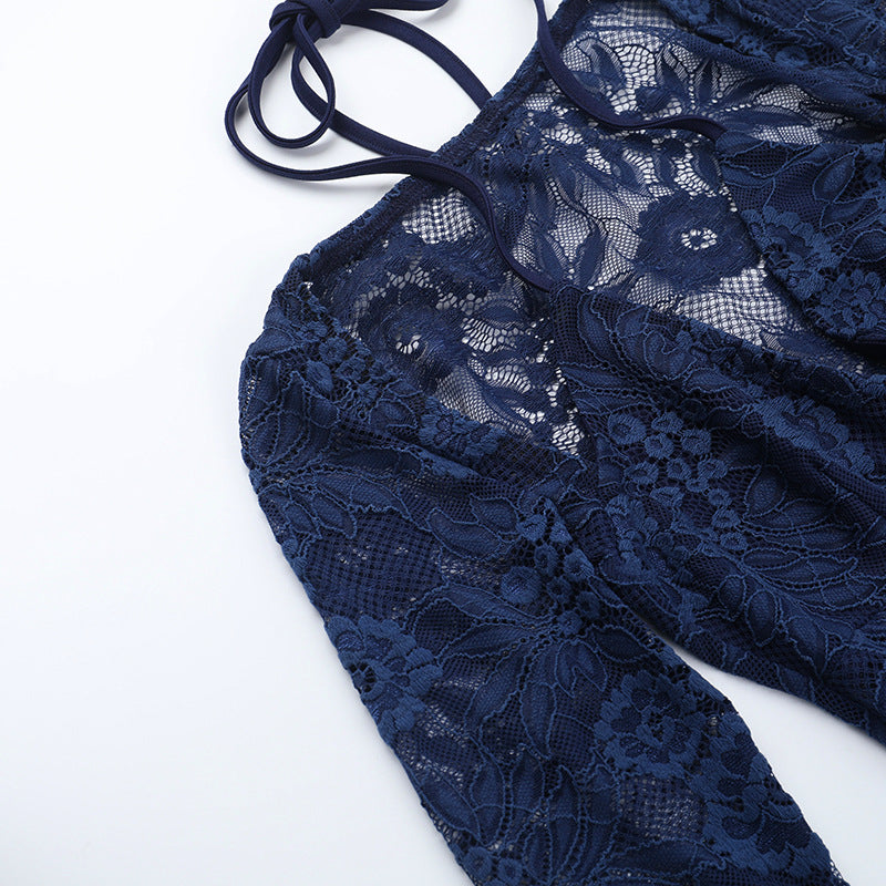 Sultry Midnight Blue Lace Halter Mini Dress with Cutouts – Fall Night Out