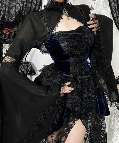 Enchanting Gothic Velvet & Lace Corset Top with Dramatic Bell Sleeve Shrug - Perfect for Halloween & Fall Style