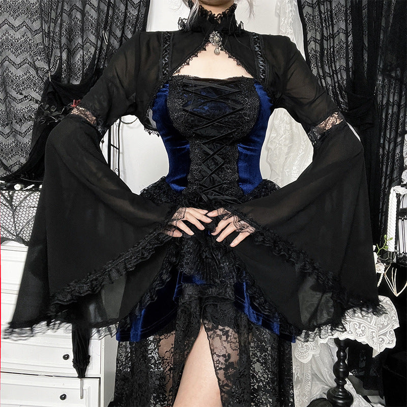 Enchanting Gothic Velvet & Lace Corset Top with Dramatic Bell Sleeve Shrug - Perfect for Halloween & Fall Style