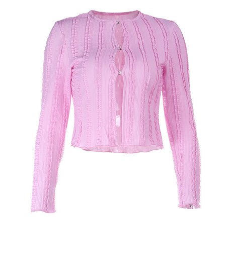 Chic Pink Ribbed Long Sleeve Crop Top with Shimmer Buttons – Your Go-To Fall Layering Piece