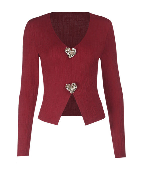 Romantic Burgundy Heart Button V-Neck Top | Chic Fall & Holiday Knit