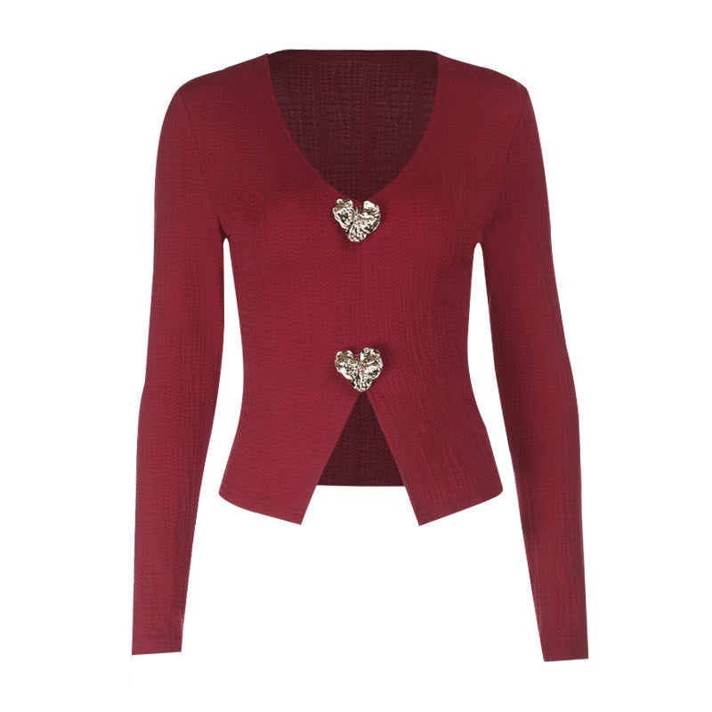 Romantic Burgundy Heart Button V-Neck Top | Chic Fall & Holiday Knit