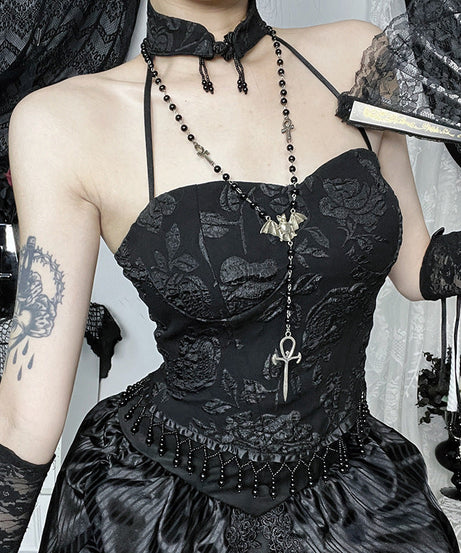 Dark Romance Brocade Halter Corset Top with Beaded Fringe - Halloween & Fall Goth Essential