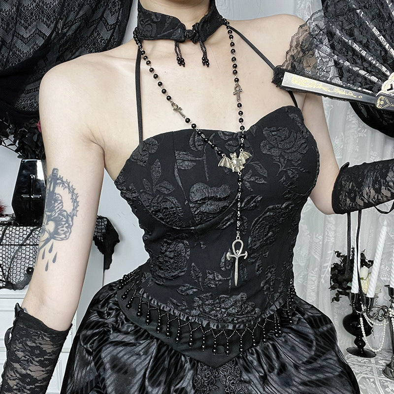 Dark Romance Brocade Halter Corset Top with Beaded Fringe - Halloween & Fall Goth Essential