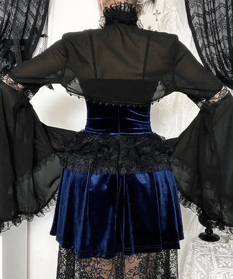 Enchanting Gothic Velvet & Lace Corset Top with Dramatic Bell Sleeve Shrug - Perfect for Halloween & Fall Style