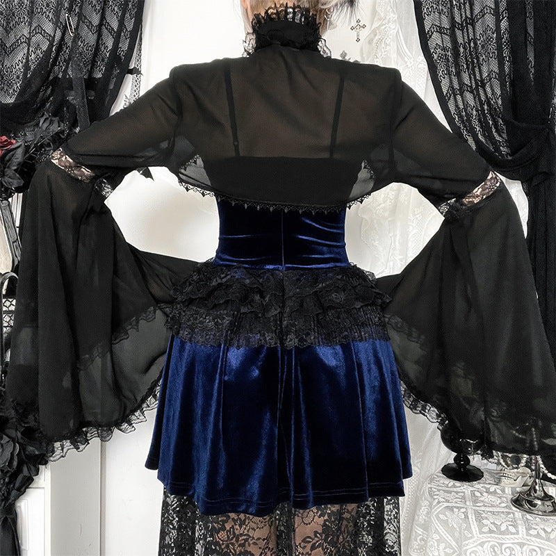 Enchanting Gothic Velvet & Lace Corset Top with Dramatic Bell Sleeve Shrug - Perfect for Halloween & Fall Style