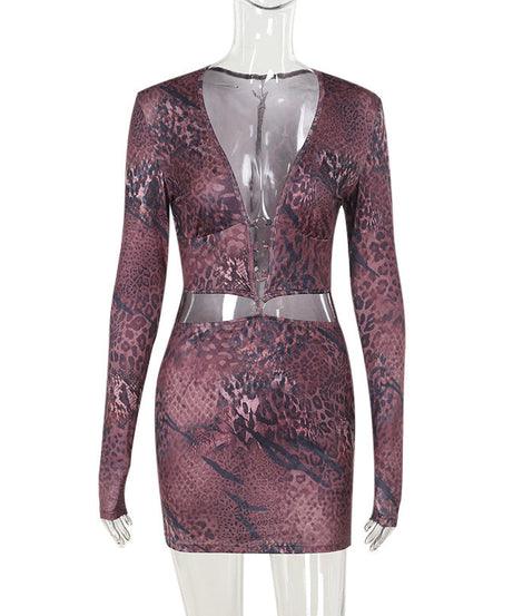 Fierce Animal Print Deep V Cutout Mini Dress - Long Sleeve Bodycon for Fall Nights