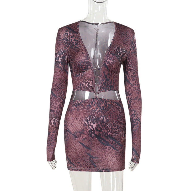 Fierce Animal Print Deep V Cutout Mini Dress - Long Sleeve Bodycon for Fall Nights