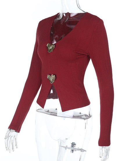 Romantic Burgundy Heart Button V-Neck Top | Chic Fall & Holiday Knit