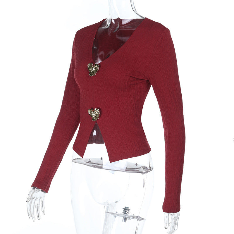 Romantic Burgundy Heart Button V-Neck Top | Chic Fall & Holiday Knit