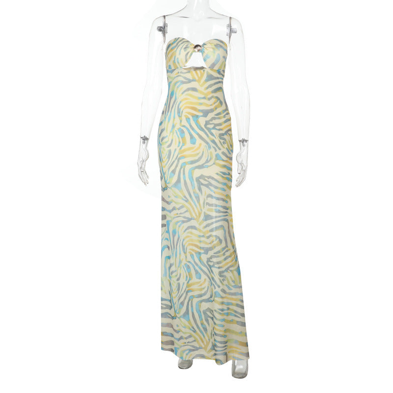 Effortless Tropic Chic: Strapless Zebra Print Cut-Out Mesh Maxi Dress | Your Ultimate Resort & Vacation Statement
