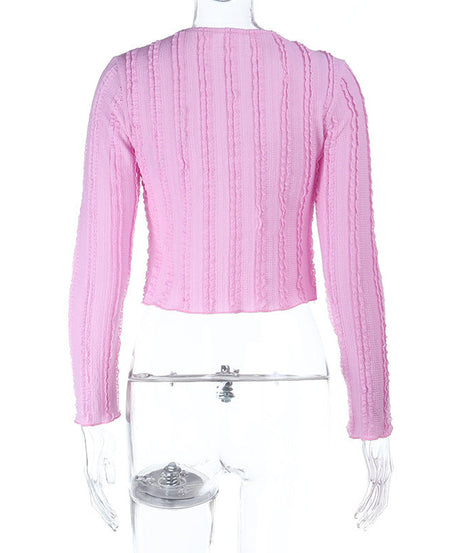 Chic Pink Ribbed Long Sleeve Crop Top with Shimmer Buttons – Your Go-To Fall Layering Piece