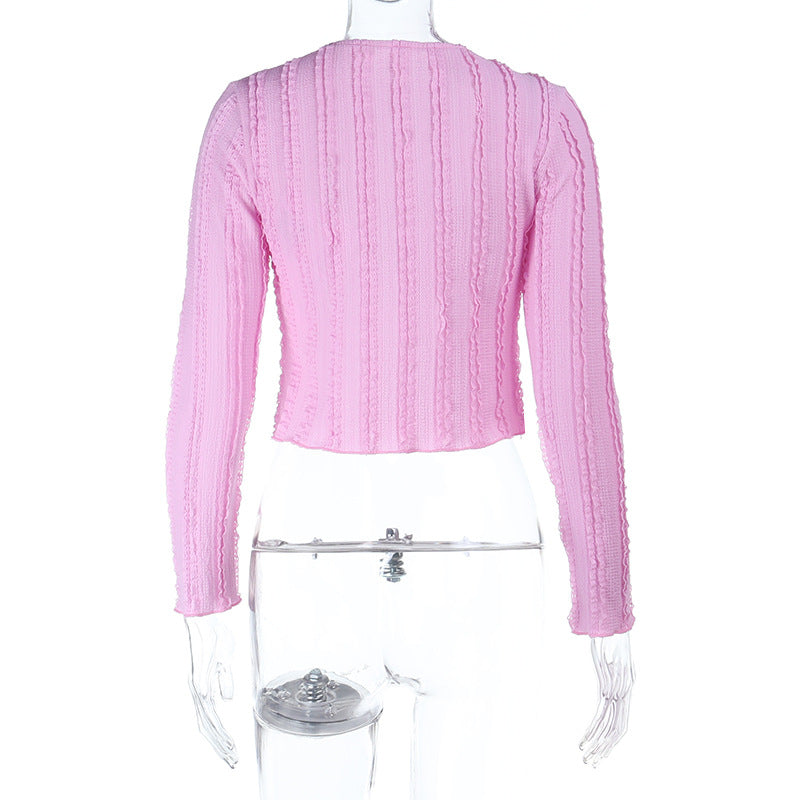 Chic Pink Ribbed Long Sleeve Crop Top with Shimmer Buttons – Your Go-To Fall Layering Piece