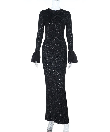 Dazzling Black Sequin Maxi Gown with Flared Bell Sleeves – Perfect for Holiday Galas & New Year's Eve