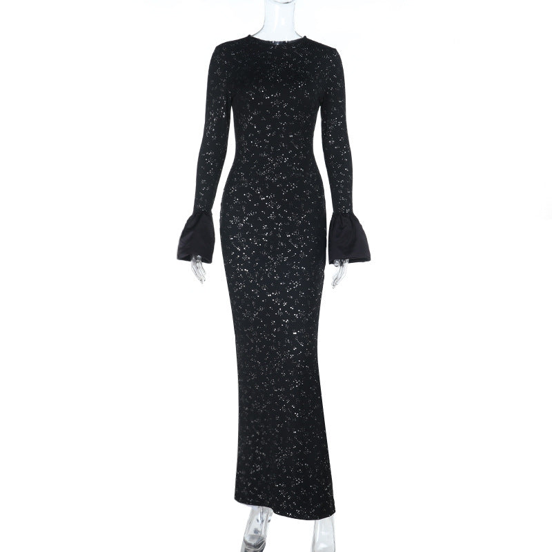 Dazzling Black Sequin Maxi Gown with Flared Bell Sleeves – Perfect for Holiday Galas & New Year's Eve