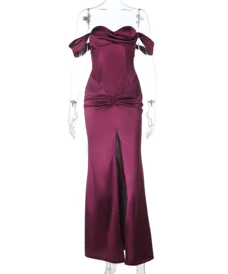Enchanting Plum Satin Off-Shoulder Maxi Gown with Thigh Slit - Perfect for Fall Galas & Holiday Parties