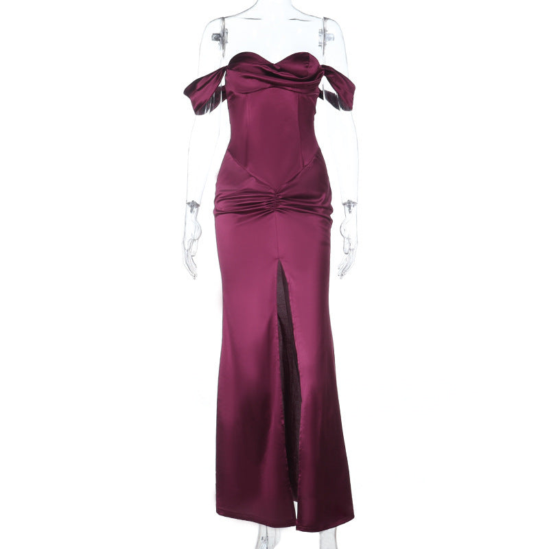 Enchanting Plum Satin Off-Shoulder Maxi Gown with Thigh Slit - Perfect for Fall Galas & Holiday Parties