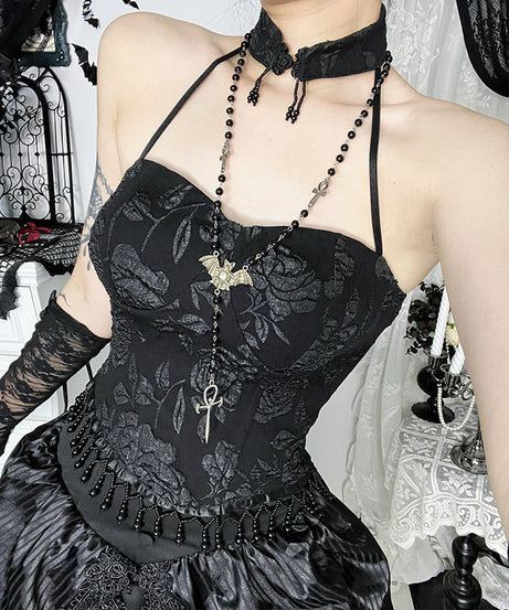 Dark Romance Brocade Halter Corset Top with Beaded Fringe - Halloween & Fall Goth Essential