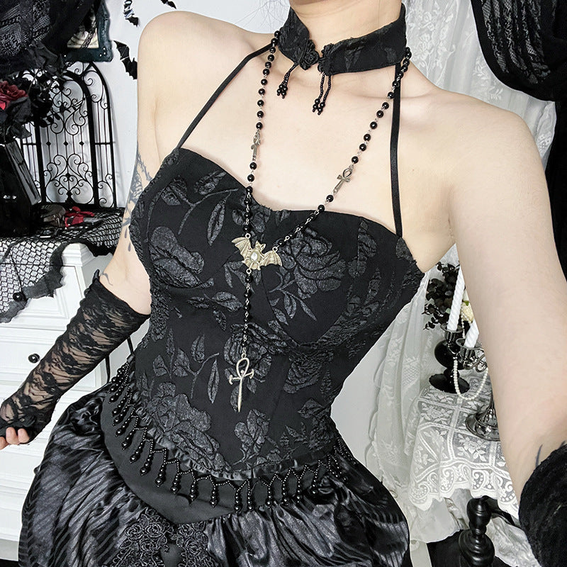 Dark Romance Brocade Halter Corset Top with Beaded Fringe - Halloween & Fall Goth Essential