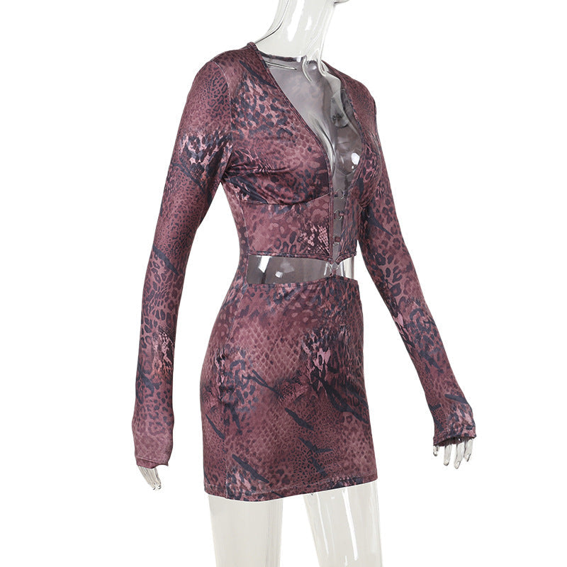 Fierce Animal Print Deep V Cutout Mini Dress - Long Sleeve Bodycon for Fall Nights