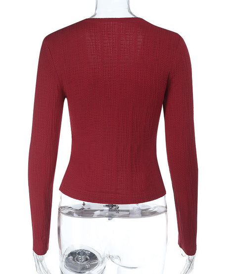 Romantic Burgundy Heart Button V-Neck Top | Chic Fall & Holiday Knit