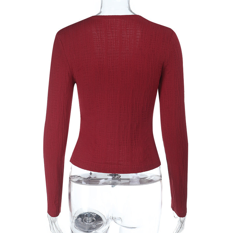 Romantic Burgundy Heart Button V-Neck Top | Chic Fall & Holiday Knit