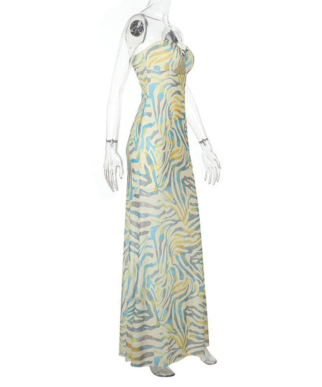 Effortless Tropic Chic: Strapless Zebra Print Cut-Out Mesh Maxi Dress | Your Ultimate Resort & Vacation Statement