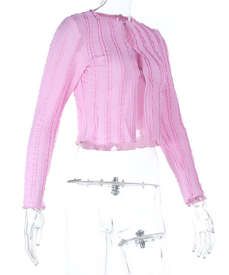 Chic Pink Ribbed Long Sleeve Crop Top with Shimmer Buttons – Your Go-To Fall Layering Piece