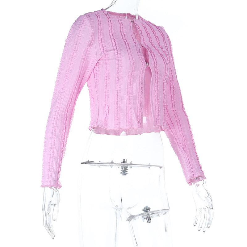 Chic Pink Ribbed Long Sleeve Crop Top with Shimmer Buttons – Your Go-To Fall Layering Piece