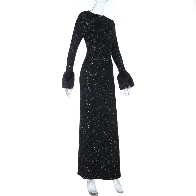 Dazzling Black Sequin Maxi Gown with Flared Bell Sleeves – Perfect for Holiday Galas & New Year's Eve