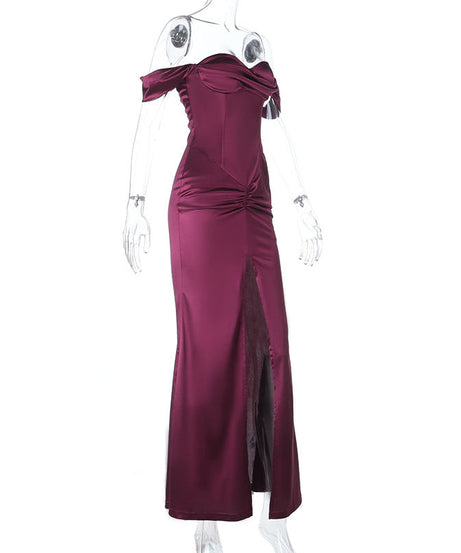 Enchanting Plum Satin Off-Shoulder Maxi Gown with Thigh Slit - Perfect for Fall Galas & Holiday Parties